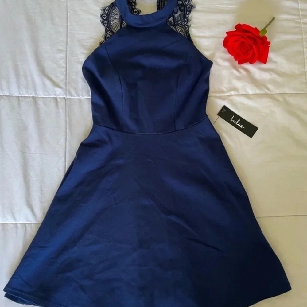Lulu's Navy Blue Lace Halter Dress